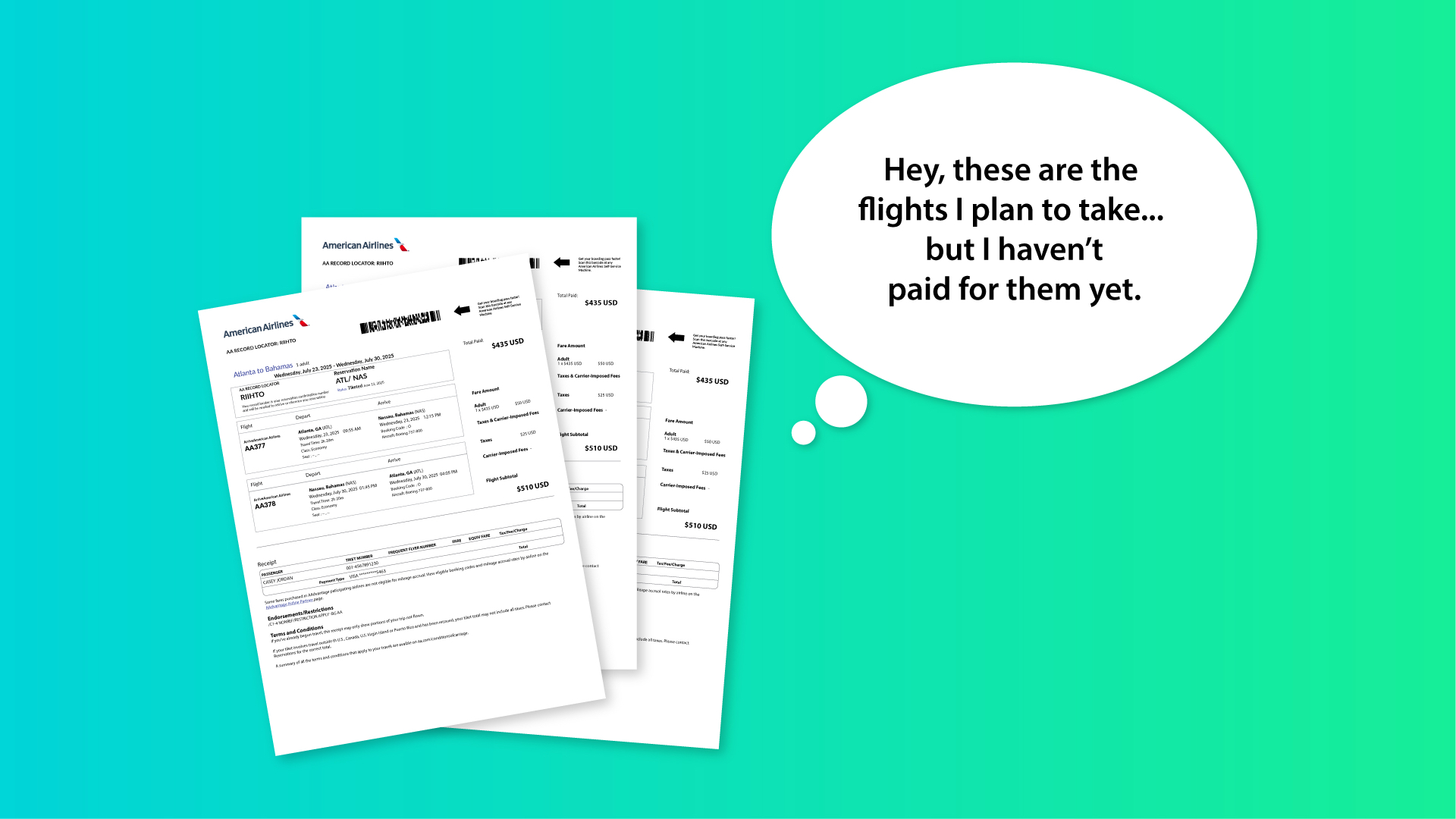 Stacked itinerary pages with thought-bubble callout